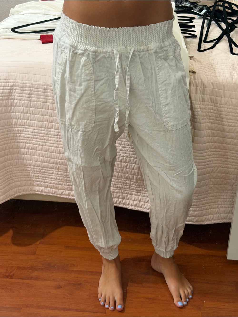Love Tree White Smocked-Waist Joggers with Drawstring